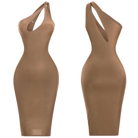 NEW Fashion One Shoulder High quality bodycon MIDI dress cute trendy club MOCHA - Picture 2 of 4